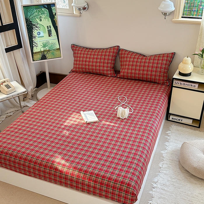 91家纺网 家纺一手货源 找家纺 金丝鸟家纺 2025春夏新款全棉纯棉双层纱床单 单品单件 红色格纹