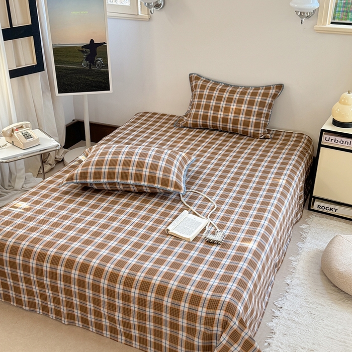 91家纺网 家纺一手货源 找家纺 金丝鸟家纺 2025春夏新款全棉纯棉双层纱床单 单品单件 青梅田格