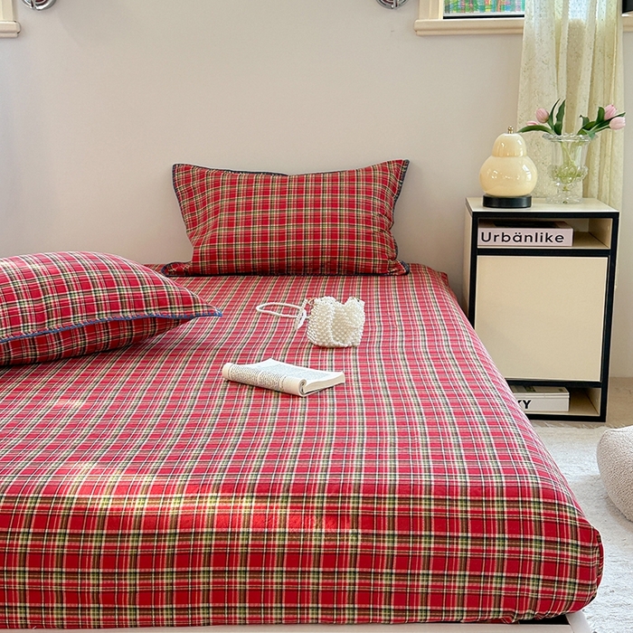 91家纺网 家纺一手货源 找家纺 金丝鸟家纺 2025春夏新款全棉纯棉双层纱床单 单品单件 红色格纹