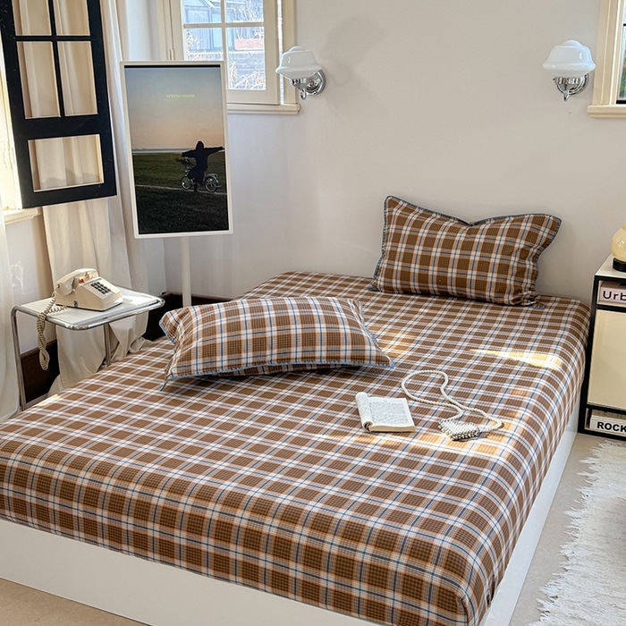 91家纺网 家纺一手货源 找家纺 金丝鸟家纺 2025春夏新款全棉纯棉双层纱床单 单品单件 青梅田格