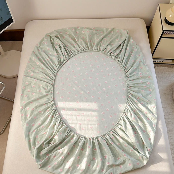 91家纺网 家纺一手货源 找家纺 金丝鸟家纺 2025春夏新款全棉纯棉双层纱床单 单品单件 绿色蝴蝶结