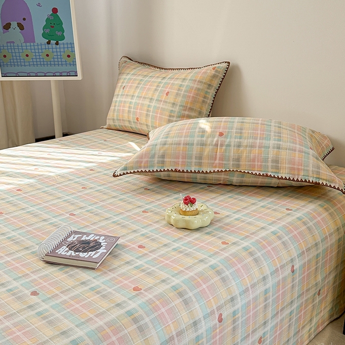 91家纺网 家纺一手货源 找家纺 金丝鸟家纺 2025春夏新款全棉纯棉双层纱床单 单品单件 七彩方格