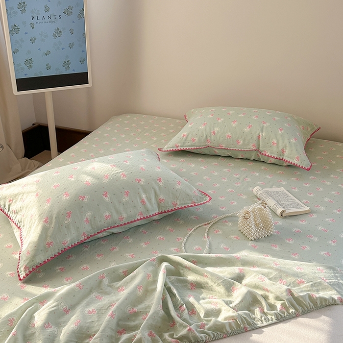 91家纺网 家纺一手货源 找家纺 金丝鸟家纺 2025春夏新款全棉纯棉双层纱床单 单品单件 绿色蝴蝶结