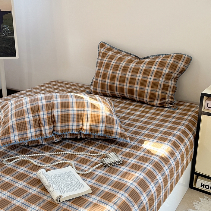 91家纺网 家纺一手货源 找家纺 金丝鸟家纺 2025春夏新款全棉纯棉双层纱床单 单品单件 青梅田格