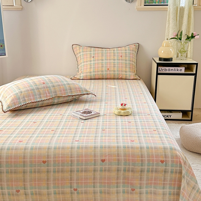 91家纺网 家纺一手货源 找家纺 金丝鸟家纺 2025春夏新款全棉纯棉双层纱床单 单品单件 七彩方格