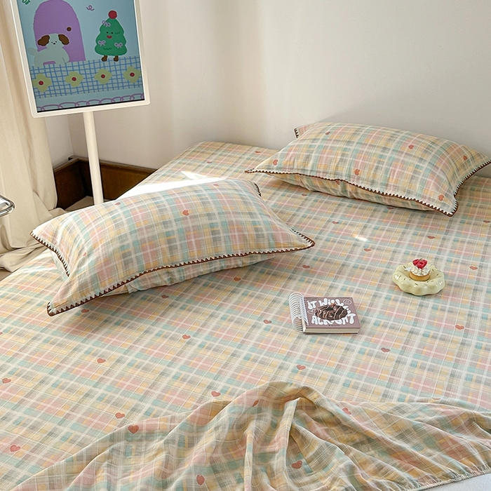 91家纺网 家纺一手货源 找家纺 金丝鸟家纺 2025春夏新款全棉纯棉双层纱床单 单品单件 七彩方格