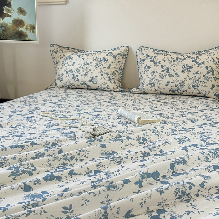 91家纺网 家纺一手货源 找家纺 金丝鸟家纺 2025春夏新款全棉纯棉双层纱床单 单品单件 青瓷花弄