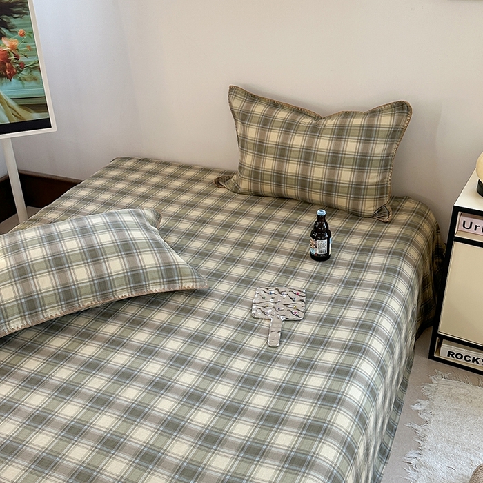 91家纺网 家纺一手货源 找家纺 金丝鸟家纺 2025春夏新款全棉纯棉双层纱床单 单品单件 轨迹绿格