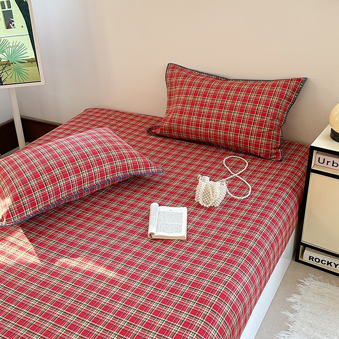 91家纺网 家纺一手货源 找家纺 金丝鸟家纺 2025春夏新款全棉纯棉双层纱床单 单品单件 红色格纹