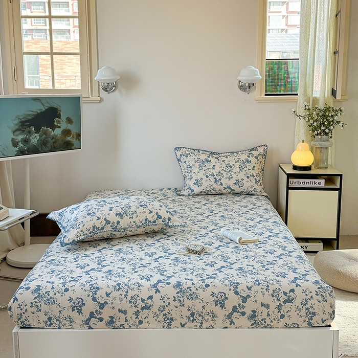 91家纺网 家纺一手货源 找家纺 金丝鸟家纺 2025春夏新款全棉纯棉双层纱床单 单品单件 青瓷花弄