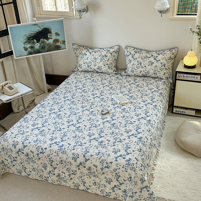 91家纺网 家纺一手货源 找家纺 金丝鸟家纺 2025春夏新款全棉纯棉双层纱床单 单品单件 青瓷花弄