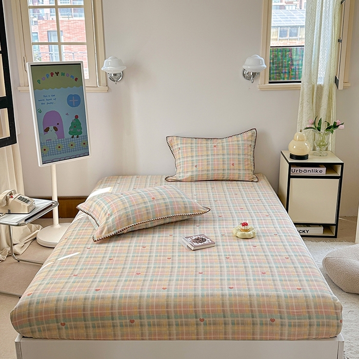 91家纺网 家纺一手货源 找家纺 金丝鸟家纺 2025春夏新款全棉纯棉双层纱床单 单品单件 七彩方格