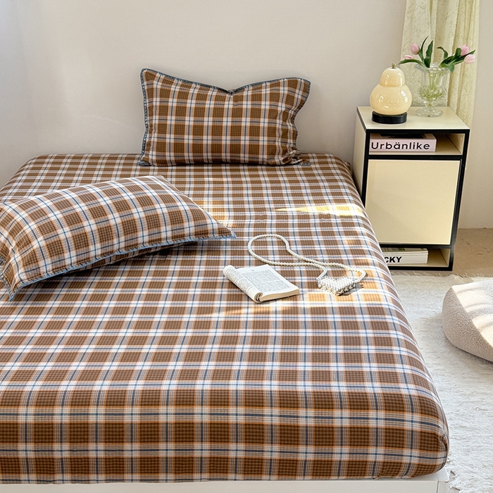 91家纺网 家纺一手货源 找家纺 金丝鸟家纺 2025春夏新款全棉纯棉双层纱床单 单品单件 青梅田格