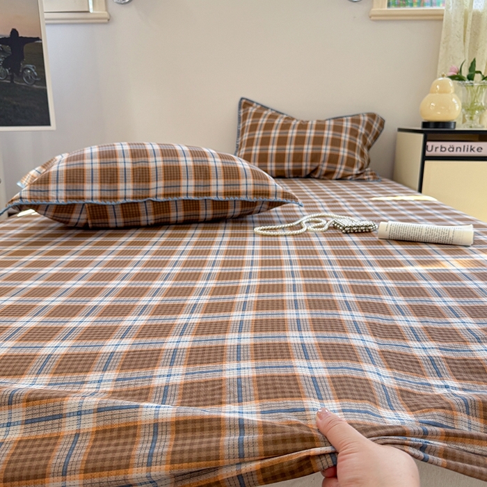 91家纺网 家纺一手货源 找家纺 金丝鸟家纺 2025春夏新款全棉纯棉双层纱床单 单品单件 青梅田格