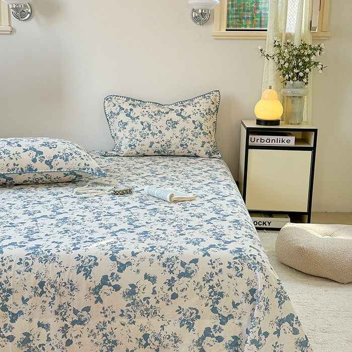 91家纺网 家纺一手货源 找家纺 金丝鸟家纺 2025春夏新款全棉纯棉双层纱床单 单品单件 青瓷花弄