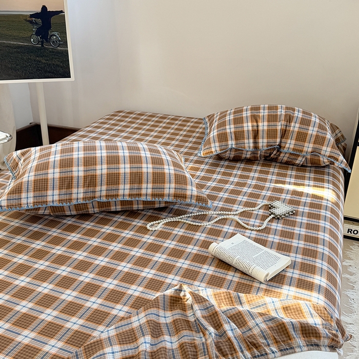 91家纺网 家纺一手货源 找家纺 金丝鸟家纺 2025春夏新款全棉纯棉双层纱床单 单品单件 青梅田格