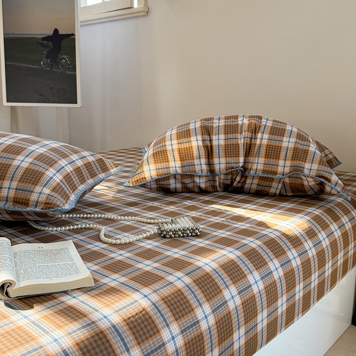 91家纺网 家纺一手货源 找家纺 金丝鸟家纺 2025春夏新款全棉纯棉双层纱床单 单品单件 青梅田格