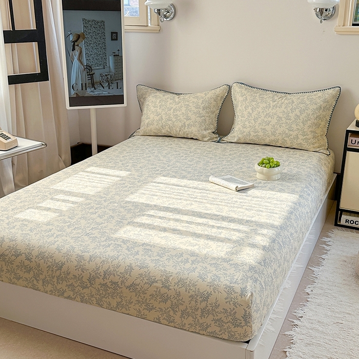 91家纺网 家纺一手货源 找家纺 金丝鸟家纺 2025春夏新款全棉纯棉双层纱床单 单品单件 蓝色枝丫