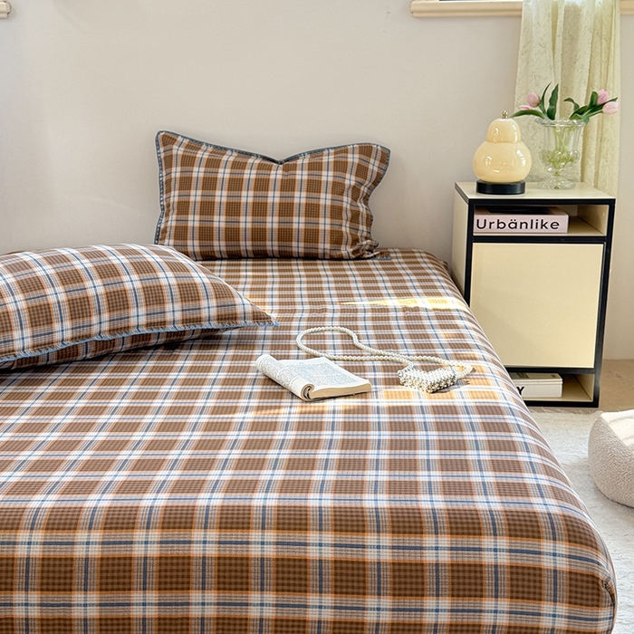 91家纺网 家纺一手货源 找家纺 金丝鸟家纺 2025春夏新款全棉纯棉双层纱床单 单品单件 青梅田格