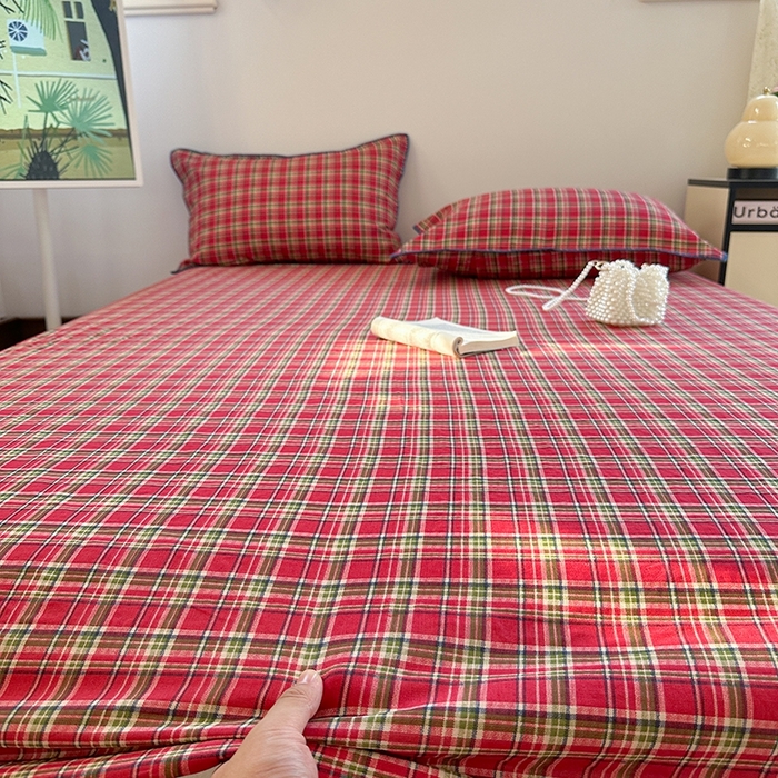 91家纺网 家纺一手货源 找家纺 金丝鸟家纺 2025春夏新款全棉纯棉双层纱床单 单品单件 红色格纹