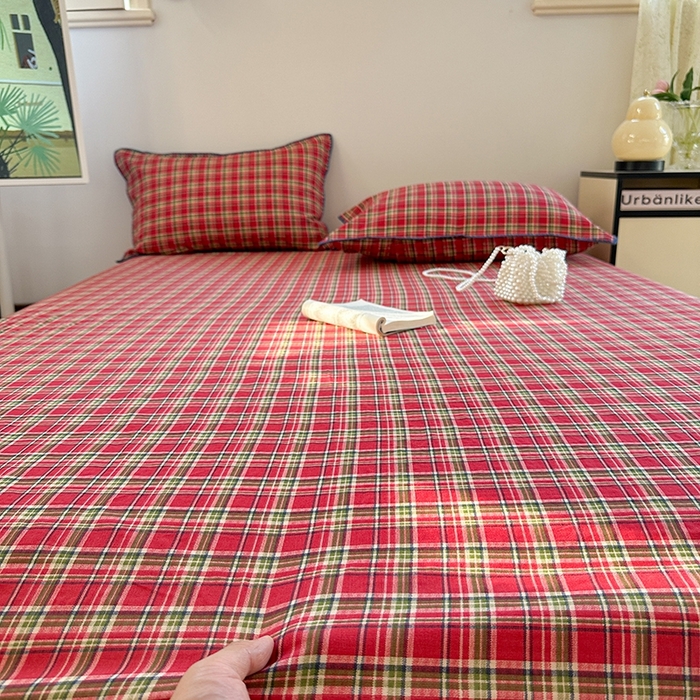 91家纺网 家纺一手货源 找家纺 金丝鸟家纺 2025春夏新款全棉纯棉双层纱床单 单品单件 红色格纹