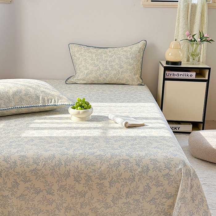 91家纺网 家纺一手货源 找家纺 金丝鸟家纺 2025春夏新款全棉纯棉双层纱床单 单品单件 蓝色枝丫