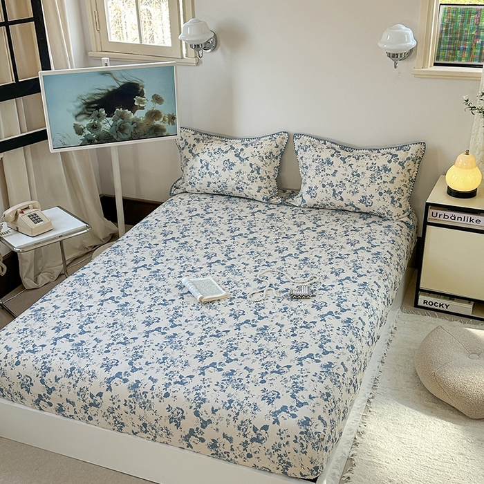 91家纺网 家纺一手货源 找家纺 金丝鸟家纺 2025春夏新款全棉纯棉双层纱床单 单品单件 青瓷花弄