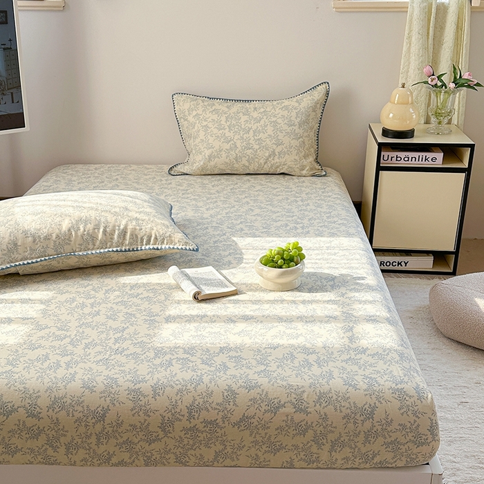 91家纺网 家纺一手货源 找家纺 金丝鸟家纺 2025春夏新款全棉纯棉双层纱床单 单品单件 蓝色枝丫