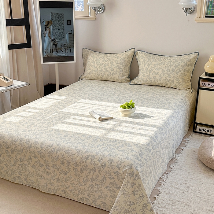 91家纺网 家纺一手货源 找家纺 金丝鸟家纺 2025春夏新款全棉纯棉双层纱床单 单品单件 蓝色枝丫