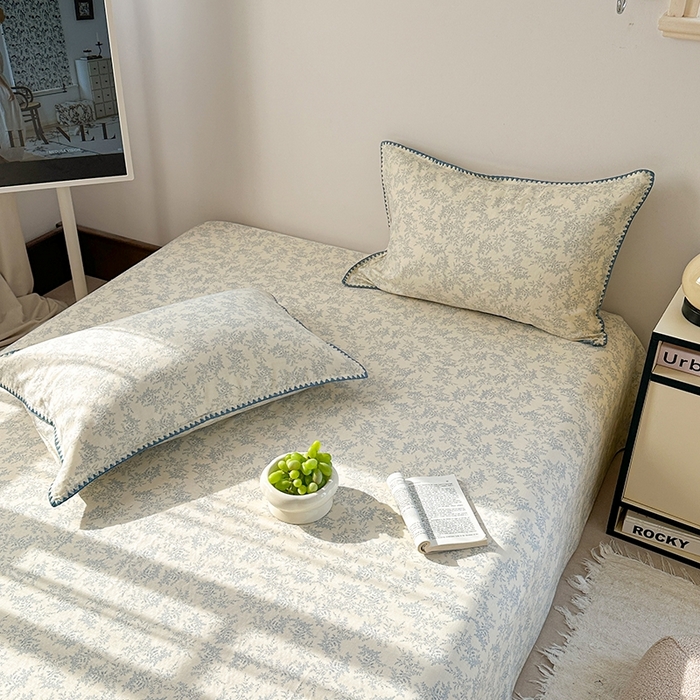 91家纺网 家纺一手货源 找家纺 金丝鸟家纺 2025春夏新款全棉纯棉双层纱床单 单品单件 蓝色枝丫