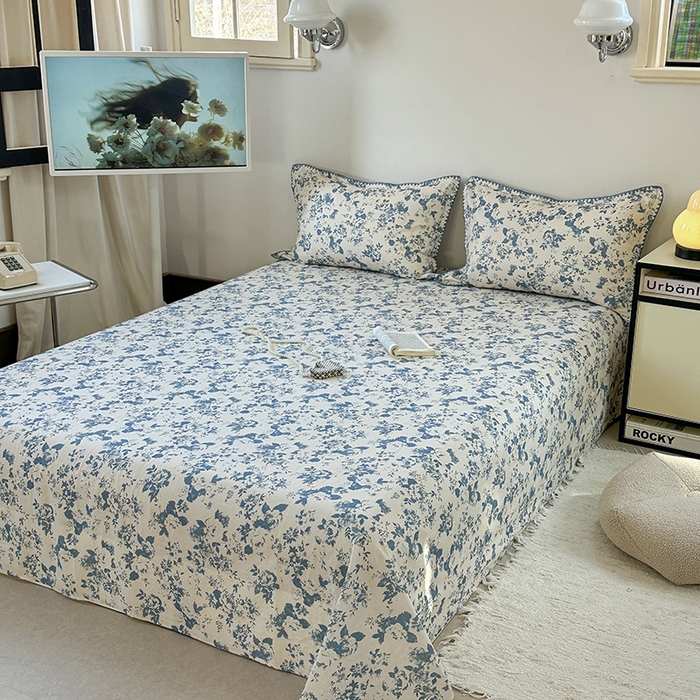 91家纺网 家纺一手货源 找家纺 金丝鸟家纺 2025春夏新款全棉纯棉双层纱床单 单品单件 青瓷花弄