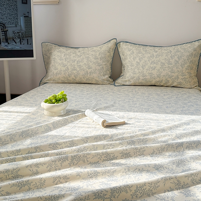 91家纺网 家纺一手货源 找家纺 金丝鸟家纺 2025春夏新款全棉纯棉双层纱床单 单品单件 蓝色枝丫