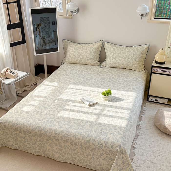 91家纺网 家纺一手货源 找家纺 金丝鸟家纺 2025春夏新款全棉纯棉双层纱床单 单品单件 蓝色枝丫