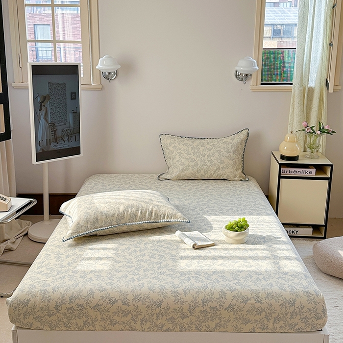 91家纺网 家纺一手货源 找家纺 金丝鸟家纺 2025春夏新款全棉纯棉双层纱床单 单品单件 蓝色枝丫