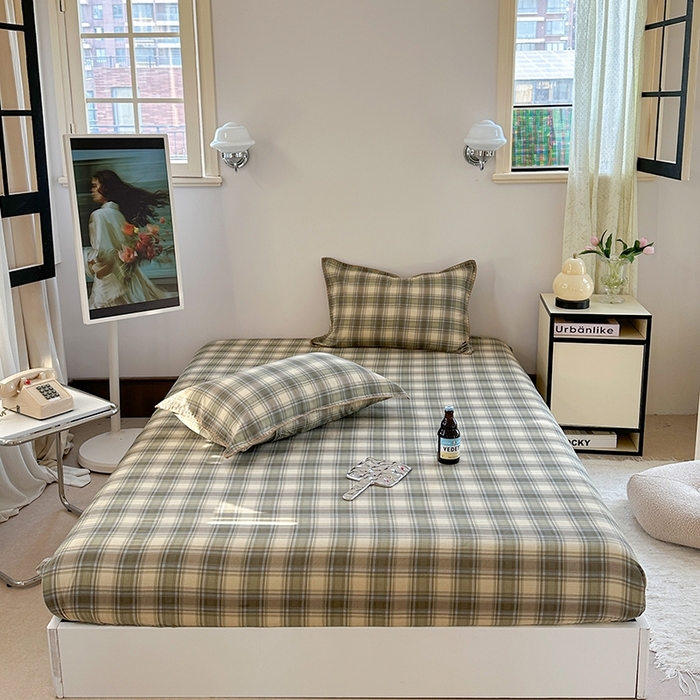 91家纺网 家纺一手货源 找家纺 金丝鸟家纺 2025春夏新款全棉纯棉双层纱床单 单品单件 轨迹绿格