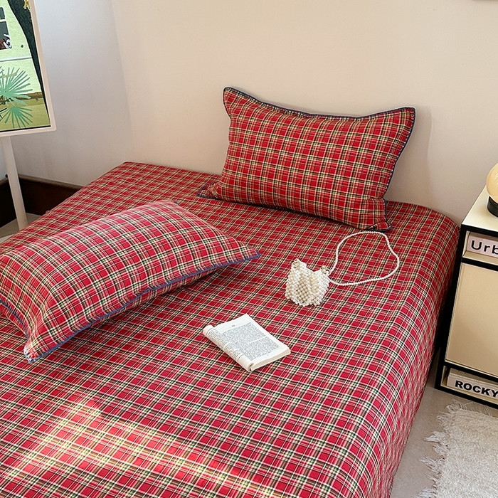 91家纺网 家纺一手货源 找家纺 金丝鸟家纺 2025春夏新款全棉纯棉双层纱床单 单品单件 红色格纹