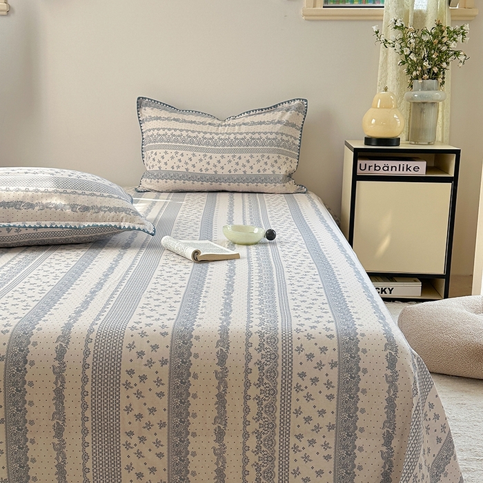 91家纺网 家纺一手货源 找家纺 金丝鸟家纺 2025春夏新款全棉纯棉双层纱床单 单品单件 蓝色花纹