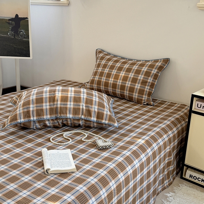 91家纺网 家纺一手货源 找家纺 金丝鸟家纺 2025春夏新款全棉纯棉双层纱床单 单品单件 青梅田格