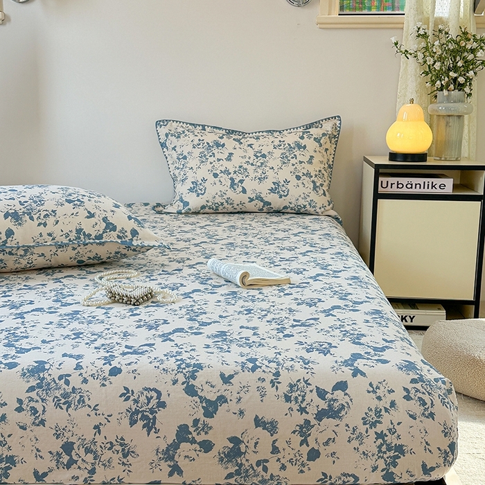 91家纺网 家纺一手货源 找家纺 金丝鸟家纺 2025春夏新款全棉纯棉双层纱床单 单品单件 青瓷花弄