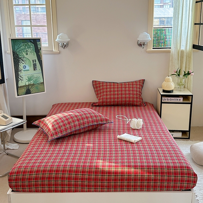 91家纺网 家纺一手货源 找家纺 金丝鸟家纺 2025春夏新款全棉纯棉双层纱床单 单品单件 红色格纹