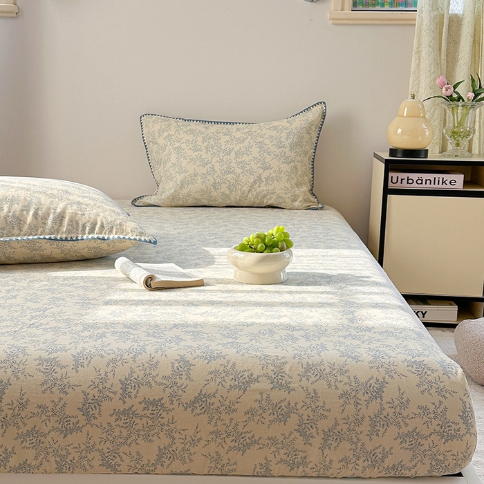 91家纺网 家纺一手货源 找家纺 金丝鸟家纺 2025春夏新款全棉纯棉双层纱床单 单品单件 蓝色枝丫