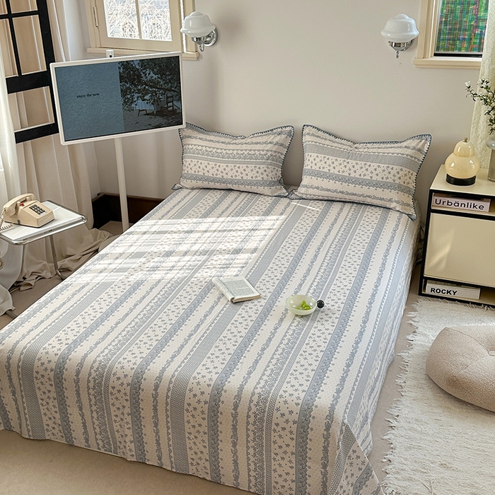 91家纺网 家纺一手货源 找家纺 金丝鸟家纺 2025春夏新款全棉纯棉双层纱床单 单品单件 蓝色花纹