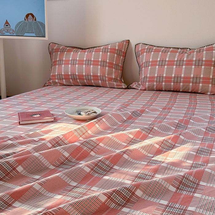 91家纺网 家纺一手货源 找家纺 金丝鸟家纺 2025春夏新款全棉纯棉双层纱床单 单品单件 怀秋豆沙格