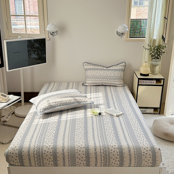 91家纺网 家纺一手货源 找家纺 金丝鸟家纺 2025春夏新款全棉纯棉双层纱床单 单品单件 蓝色花纹