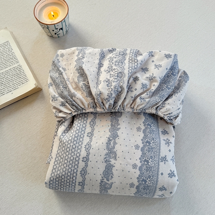 91家纺网 家纺一手货源 找家纺 金丝鸟家纺 2025春夏新款全棉纯棉双层纱床单 单品单件 蓝色花纹