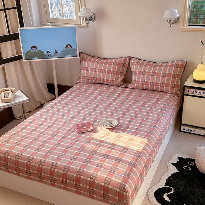 91家纺网 家纺一手货源 找家纺 金丝鸟家纺 2025春夏新款全棉纯棉双层纱床单 单品单件 怀秋豆沙格