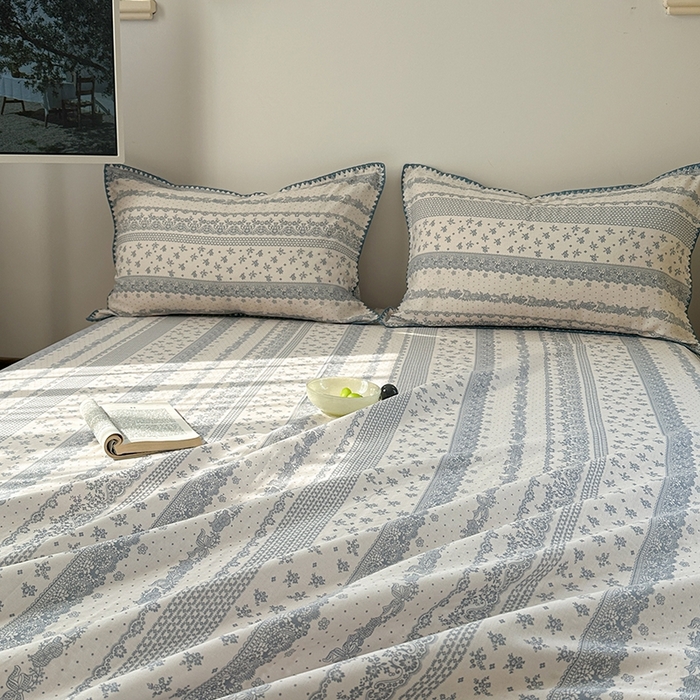 91家纺网 家纺一手货源 找家纺 金丝鸟家纺 2025春夏新款全棉纯棉双层纱床单 单品单件 蓝色花纹