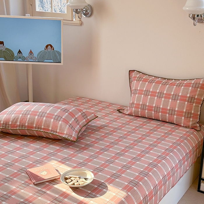 91家纺网 家纺一手货源 找家纺 金丝鸟家纺 2025春夏新款全棉纯棉双层纱床单 单品单件 怀秋豆沙格