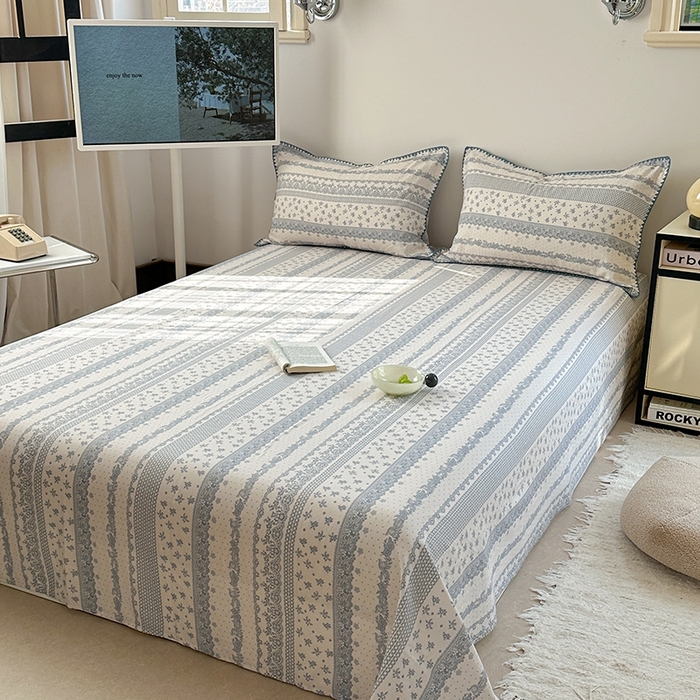 91家纺网 家纺一手货源 找家纺 金丝鸟家纺 2025春夏新款全棉纯棉双层纱床单 单品单件 蓝色花纹