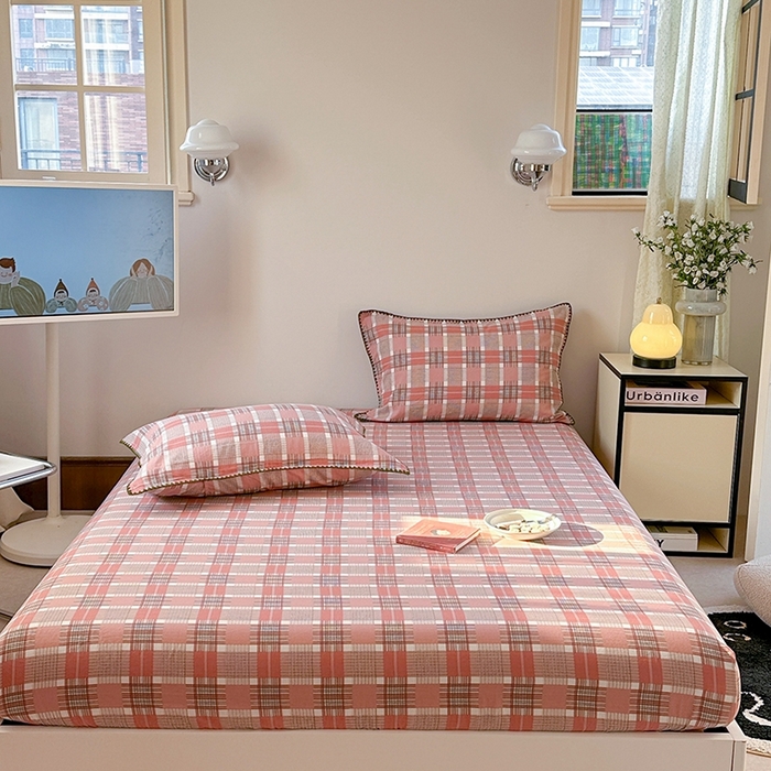 91家纺网 家纺一手货源 找家纺 金丝鸟家纺 2025春夏新款全棉纯棉双层纱床单 单品单件 怀秋豆沙格